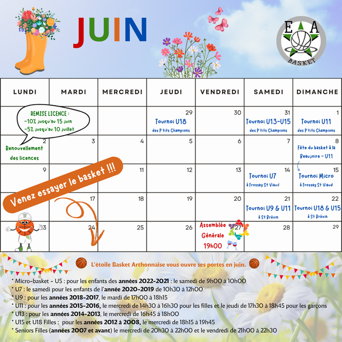 Retrouvez toute l'actualité du mois de juin concernant le club de Basket, dont l'Assemblée générale le 27 juin à 19h00, au complexe sportif.